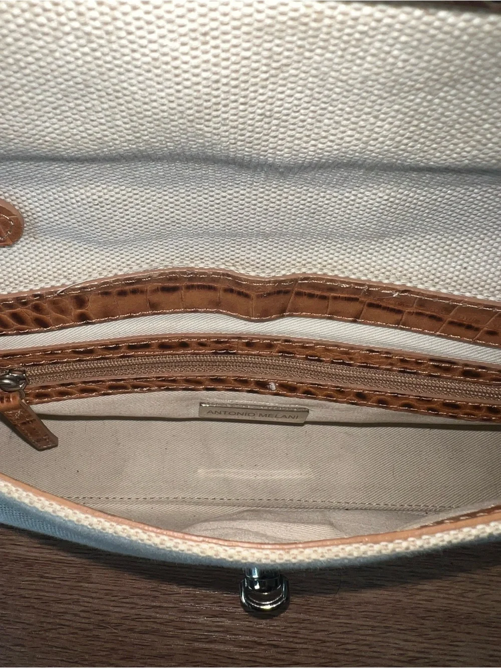 Antonio Melani Beige Canvas Brown Leather Turn Lock Shoulder Bag Purse - Picture 7 of 7